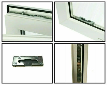 Vier Grafiken mit einer Nahansicht der Kellerfensterbeschläge